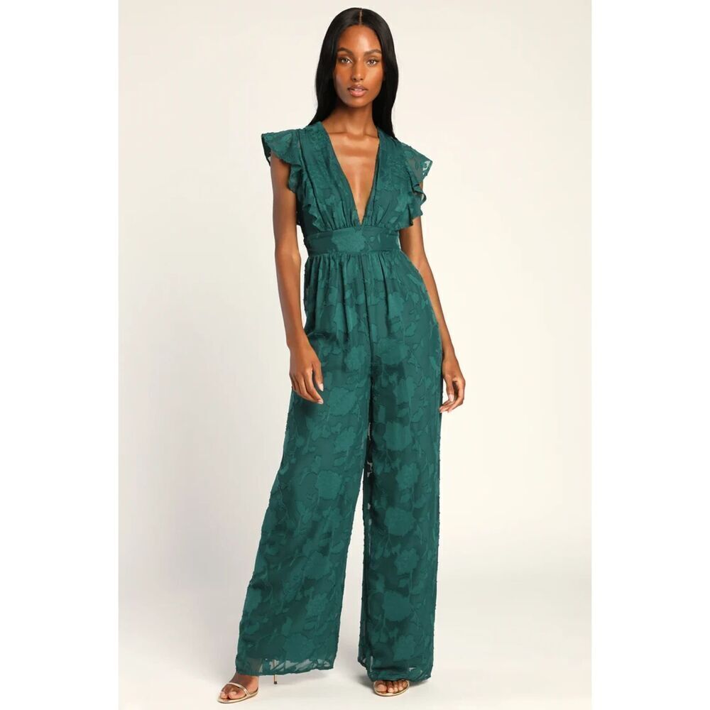 LULUS Refined Romance Emerald Green Burnout Floral Wide Leg Jumpsuit Size XS